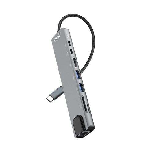 XO adapter HUB HUB003 8in1 silver VGA/USB-C/ Power Delivery/HDMI/USB 3.0/RJ45