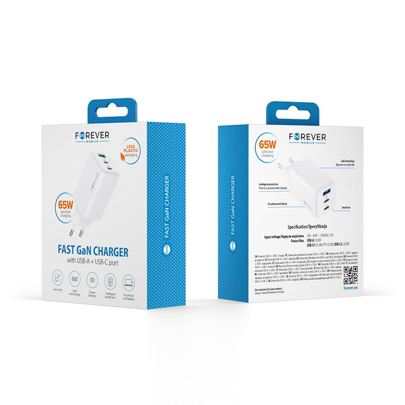 Forever TC-08-65ACC GaN PD QC charger 2x USB-C 1x USB 65W white