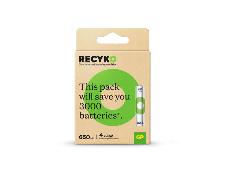 Lot de 4 piles rechargeables GP ReCyko 650 mAh AAA 1,2 V - Préchargées - Fabriquées avec plus de 10 % de matériaux recyclés
