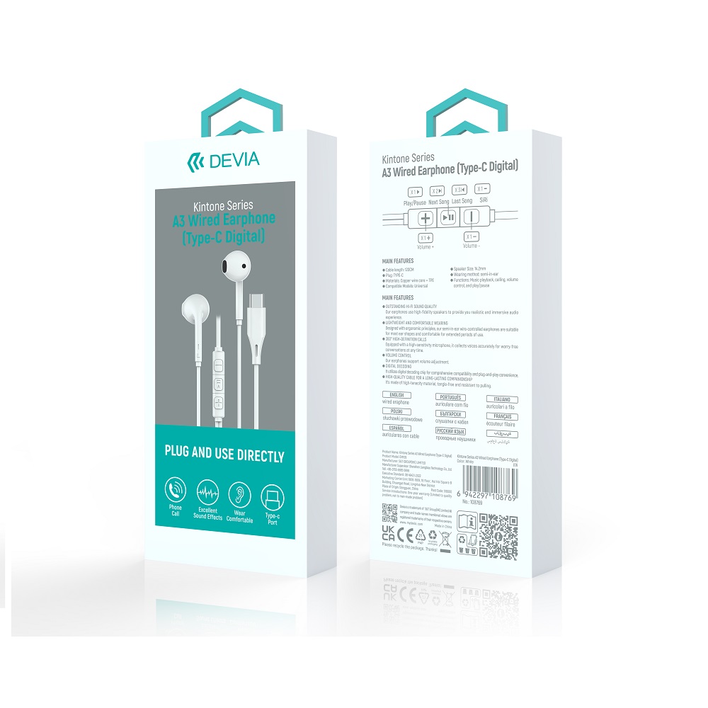 Devia Ecouteurs filaires Kintone A3 Digital USB-C white